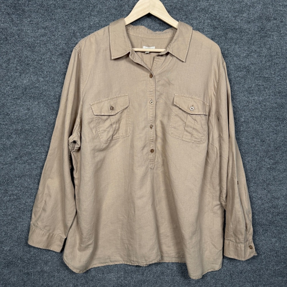 Talbots Womens Plus Size 3X Popover Shirt Beige Linen Cotton Pockets Long Sleeve